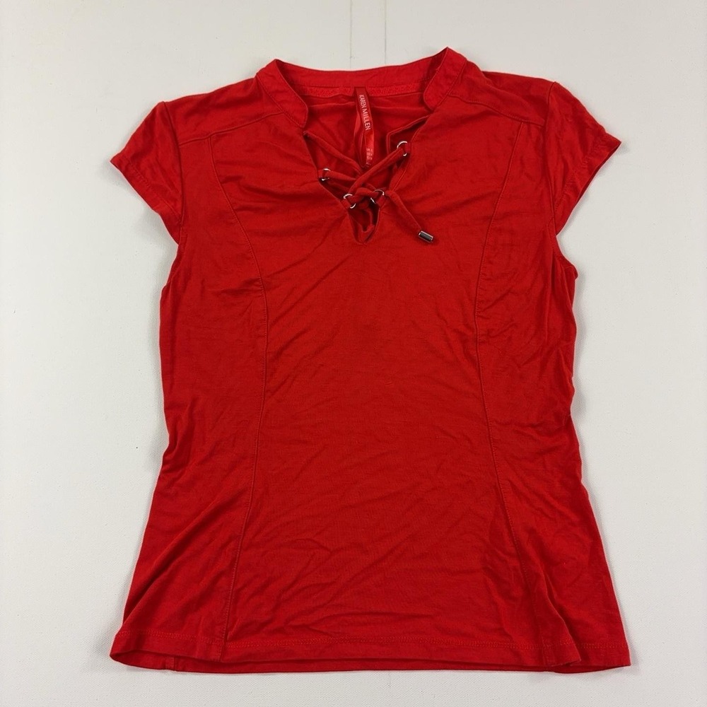 Karen Millen T-Shirt Womens 4 Red V-Neck Cap Sleeve Lace Up Stretch Jersey Top
